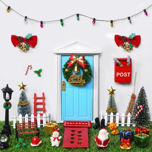 39pcs Blue Christmas Elf Fairy Door Decorations Sets Miniature Figures Wooden Doors Santa Claus Snowman Kit for Xmas Mini Dollhouse Accessories House Room Wall Decor