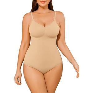 AegisChic Shapewear Tummy Control BodySuit for Women V-Neck Thong Seamless Butt Lift Seamless Body Suit with Adjustable Straps Nude Light, Medium-Large