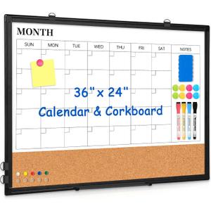 Monthly Calendar Whiteboard Dry Erase Cork Board Combo for Wall, 36" x 24" Magnetic Double-Sided Calendar White Board and Bulletin Board, Portable Board for Office, Kitchen, School, Home
