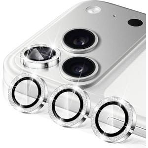 Camera Lens Protector for iPhone 17 Pro / 17 Pro Max, 9H Ultra-thin Tempered Glass, Glitter Bling Cute Girly Metal Individual Camera Cover Accessories for Women, Silver