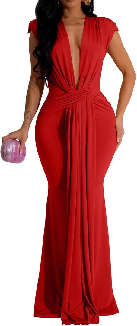 Memoriesea Women's Elegant Sleeveless Deep V Neck Bodycon Party Evening Gown Maxi Dress (Large, Red)