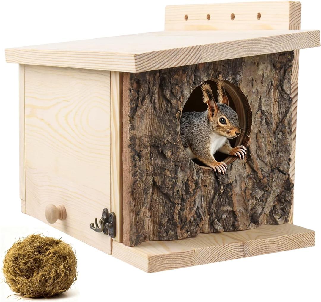 Squirrel Nesting Box - Easy Assembly Squirrel Houses for Outside Nesting, Wooden Nesting Box for Squirrels,Chipmunk,Bird and Small Animals