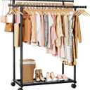 Sakugi Metal Clothes Rack - Double Rod Clothing Rack with Fixed Extension Rod & Universal Wheels, Coat Rack with Built-In Shelf for Closet Organizers and Storage (38.5" x 16.9" x 59.0", Black)