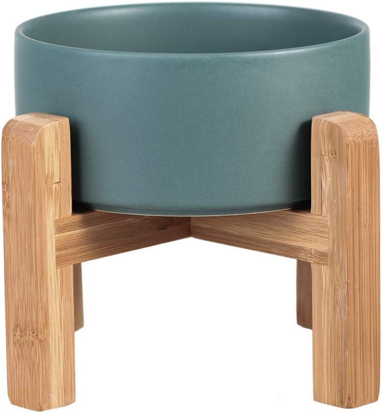 Ceramic Elevated Raised Cat Bowl with Wood Stand No Spill Pet Food Water Feeder Cats Small Dogs (Medium, Green)