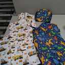 GROBRO7 4Pcs Kids Apron and Chef Hat Set Gift for Girls Boys, Dinosaurs Construction Vehicles Adjustable Kitchen Cooking Child Aprons with 2 Pockets Waterproof Smocks for Baking Painting Crafting