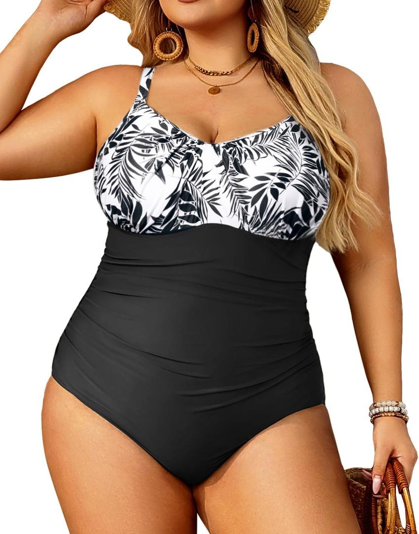 Aqua Eve Plus Size Swimsuit for Women Tummy Control One Piece Bathing Suit Vintage Swimwear (Leaf Print& Black)