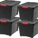IRIS USA 51 L (54 QT) Plastic Storage Box with Lid and Latches - 4 Pack - BPA-Free, Garage Organizing Solution, Durable Nestable Stackable Containers, Secure Pull Handle - Black
