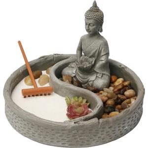 Nature's Mark Mini Zen Garden Kit for Desk with Lotus, Buddha Figures, Rake and Natural Sand River Rocks Table/Desk Dcor Gift Set for Home and Office 6 x 6 Inches Round Base
