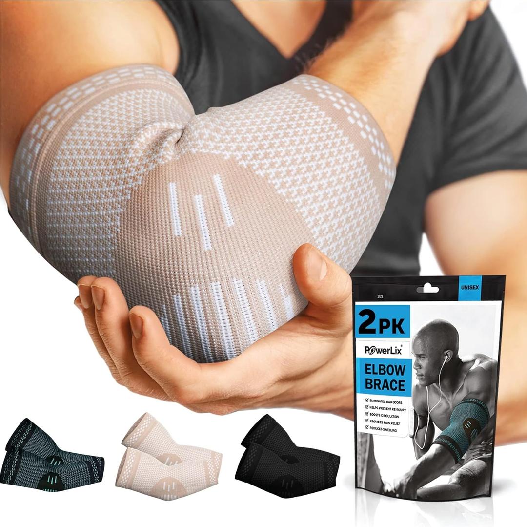 POWERLIX Arm Orthopedic Brace Compression Support (Pair) - Elbow Sleeve for Arthritis, Golf Elbow, Golfers Elbow, Pain Relief, Tendonitis, Tennis (Beige, L)