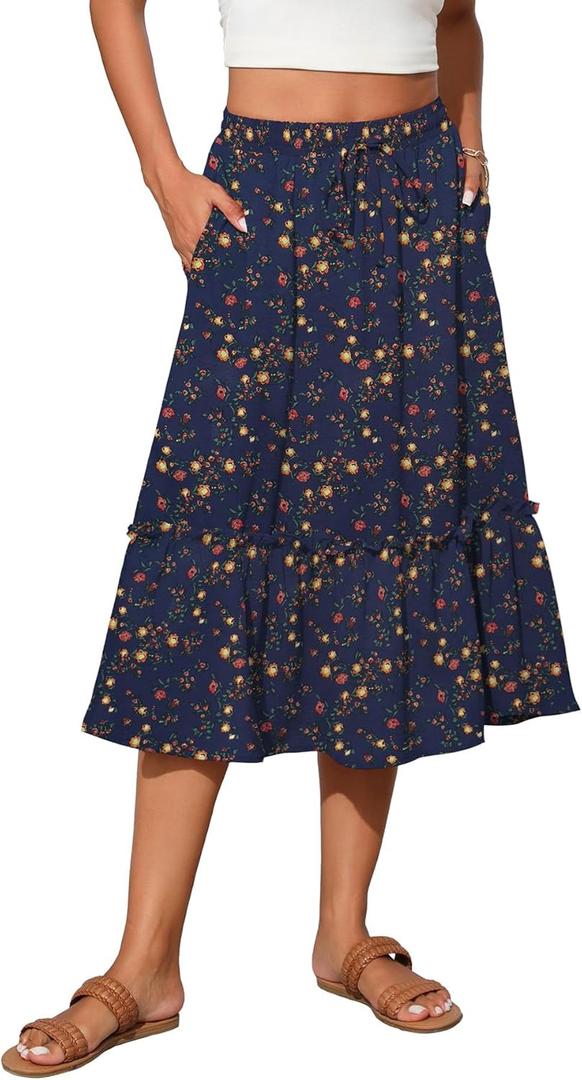 Summer Skirts Midi Length Flowy Pleated Tiered Skirts for Women 2025 Dressy Casual(FP Tiny Flo-RB,XL)