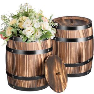 2 Pcs Wood Wine Barrel Vase 8" x 6.5" Vintage Flower Vase Container Rustic Barrel Planter for Wedding Reception Table Decoration Home Indoor Outdoor Garden Kitchen Party