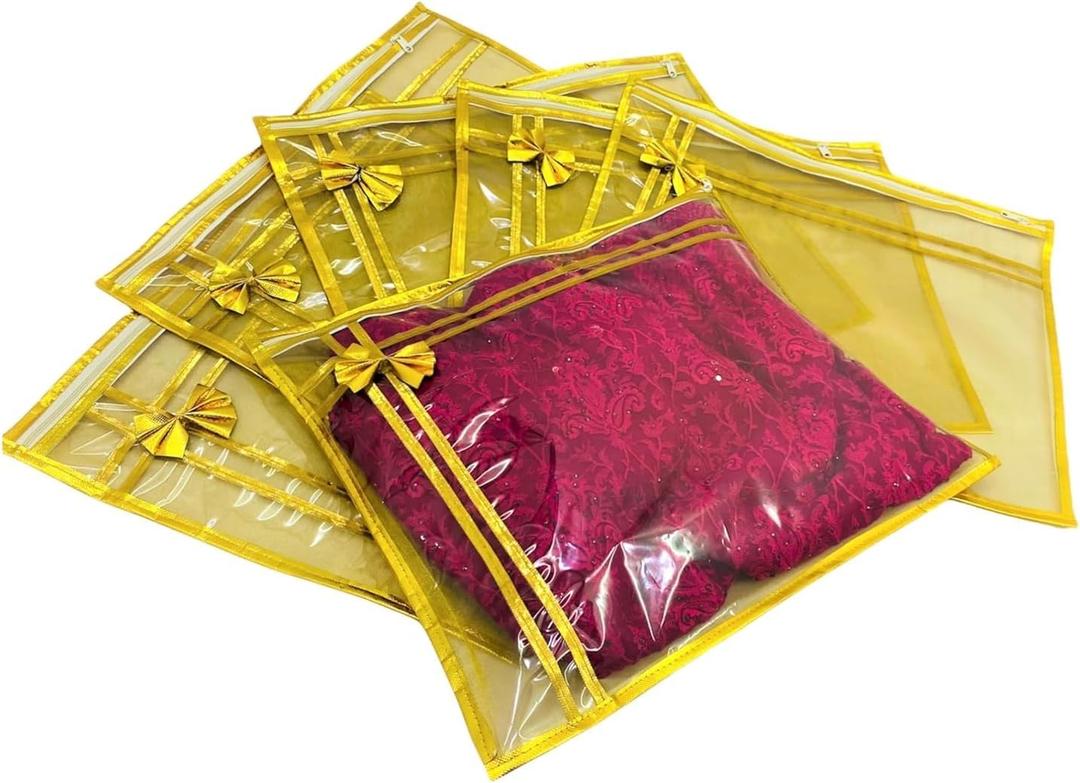 10 piece transparent single Saree/Suit Packing Sari Cover/Bag Organizer with zip for Wardrobe Storage and wedding gifting,dress covers (Golden, Pack of 10)