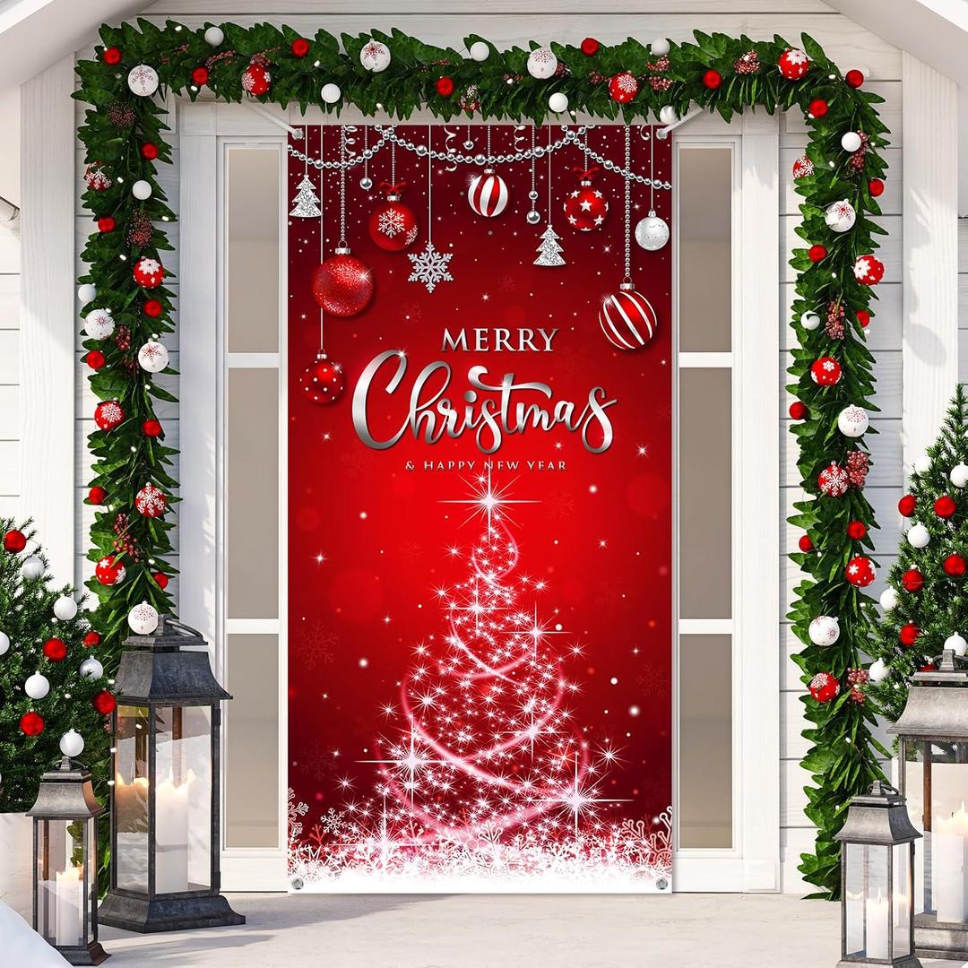 Irenare Christmas Decorations Merry Christmas Door Cover Xmas Background Banner Xmas Door Hanging Covers Photo Props for Winter Party Decorations Supplies, 70.9 x 35.4 Inch(Red)