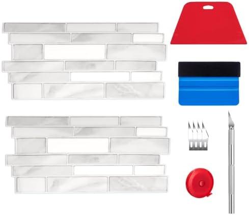 Affrolling 40 Sheets Peel and Stick Backsplash Tile for Kitchen with Wallpaper Tools Kit, Self Adhesive Tile for Kitchen Backsplash and Bathroom(Marble,White)