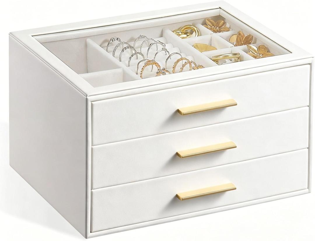 GUOER Jewelry Box for Women, Glass Lid Jewelry Organizer with 3 Drawers PU Jewelry Storage Case for Necklaces Rings Earrings Bracelets, Mother's Day, White