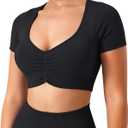 TAYOEA Crop Tops Workout for Women Yoga Short Sleeve Shirts Seamless V-Neck Gym T Shirts with Built in Pads (Large, Black)