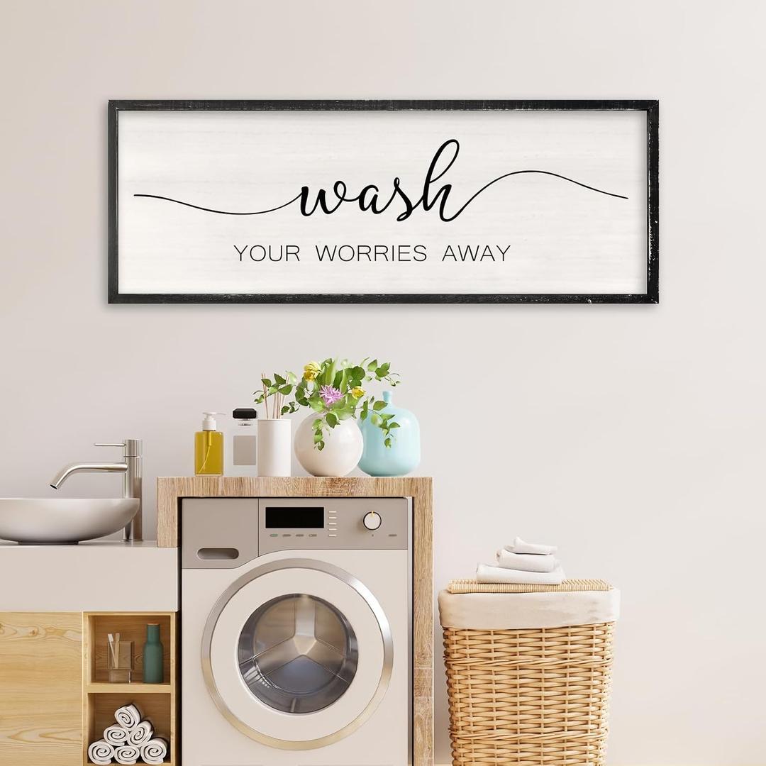 RLWangChao Farmhouse Laundry Room Wall Decor Wash Your Worries Away Sign 3212 Inch Bathroom Inspirational Quote for Shower Room above the Bathtub Wooden Framed Minimalist Wall Hanging Art (Black)