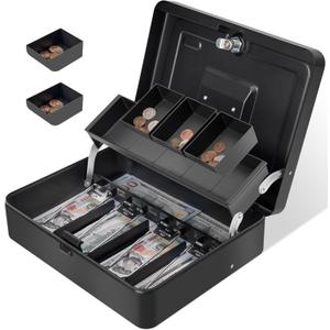 Cash Box Key Lock on Top, 11.8L x 9.5W x 3.5H Inches, Black Metal Money Box with Tray,Tiered Locking Cash Boxes,Durable Lock Safe Box with Key,4 Bill / 5 Coin Slots,Large