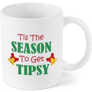Tis the Season to Get Tipsy Coffee Mug, 11Oz Coffee Cup Gift, Unique Holiday Wedding Gifts for Family Friends Men Women Sister (White)