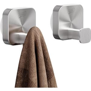 TAILI 304 Stainless Steel Bathroom Suction Hook for Towel, Loofah, Bathrobe, Patented Strong Suction Cup, Damage-Free Hanging Glass Shower Wall Hook, Hold Up to 11 Lbs, 2 Pack, Modern Square, Silver