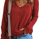 EVALESS Womens Tops Fashion V Neck Long Sleeve Shirts Casual Fall Outfits Basic T Shirts Blouses Top Women's Clothing (Large, 00 Red)