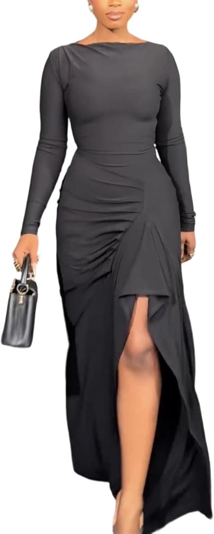 Vakkest Elegant Long Sleeve Dresses for Women Sexy Ruched Irregular Ruffle Split Party Maxi Dress Bodycon Evening Gowns (Black, XL)