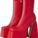 Uacllcau Platform Boots for Women Mid Calf Boots Square Toe Chunky High Heel Boots Side Zipper Ankle Booties (7.5, Red)