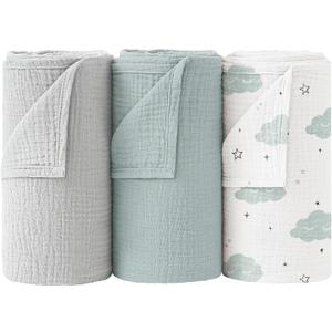 Bearmoss Muslin Swaddle Blankets, 40 x 38 inches Baby Swaddle for Boys and Girls, Soft Baby Blanket, 3 Pack Breathable Nursery Receiving Blankets (Cloud)
