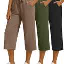 3 Pack Women's Capri Pants Drawstring Yoga Jogger Workout Sweatpants Straight Leg Pajama Trousers with Pockets (X-Large, Black, Army Green, Coffee)