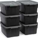 Rubbermaid 6-Pack Heavy Duty Durable 3 GAL Totes for Storage with Snap Lids and Handles, Plastic Storage Bins Stackable Black Gray for Home and Garage (3 GAL - 6 Pack Solid Black and Grey)