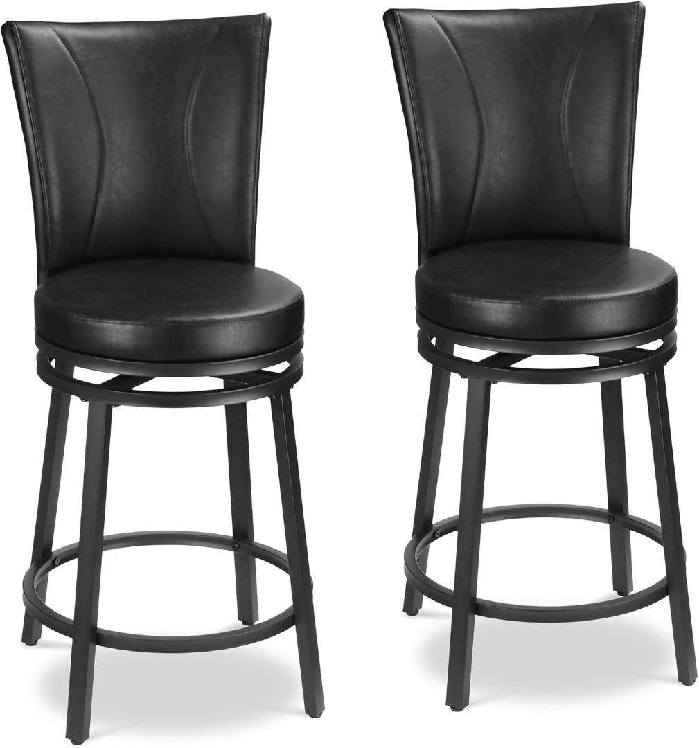 Bar Stools Set of 2, Counter Height Swivel Bar Chair with High Backrest, 24 inch Round Seat Barstools for Kitchen Island, Pub, Metal Base, Upholstered PU Leather Dining Chairs Black