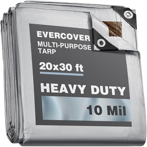 EVERCOVER 20x30 ft Tarps | All-Weather Tarp Waterproof UV-Resistant | 10 MIL=150 GSM Heavy-Duty Silver-Color Tarpaulin w/Reinforced Edges, Corners, Rustproof Grommets | Large Tarp | Lona Impermeable