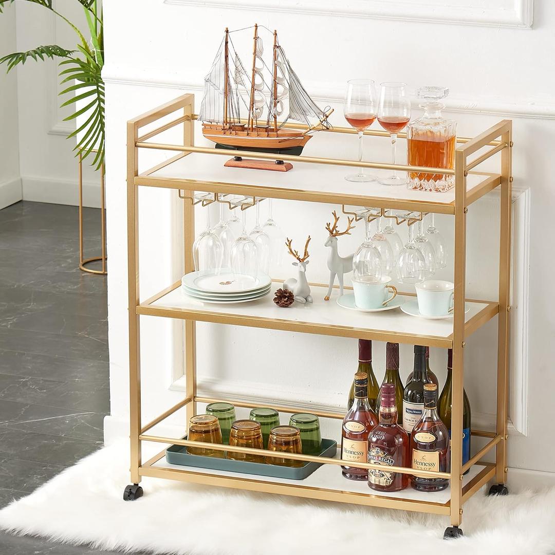 Carrito de barra dorada con 3 estantes, barra de almacenamiento de botellas de vino con ruedas para cocina, sala de estar (31.5 pulgadas de ancho, blanco)