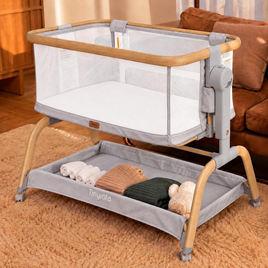 Tinyiota 3 in 1 Baby Bassinet,Rocking Bassinets Bedside Sleeper for Babies | 6 Height Adjustable Bassinet with Mattress and Soft | Breathable Sheet | Full-Mesh Sides | 4 Wheels,Stable&Cozy Crib for Baby