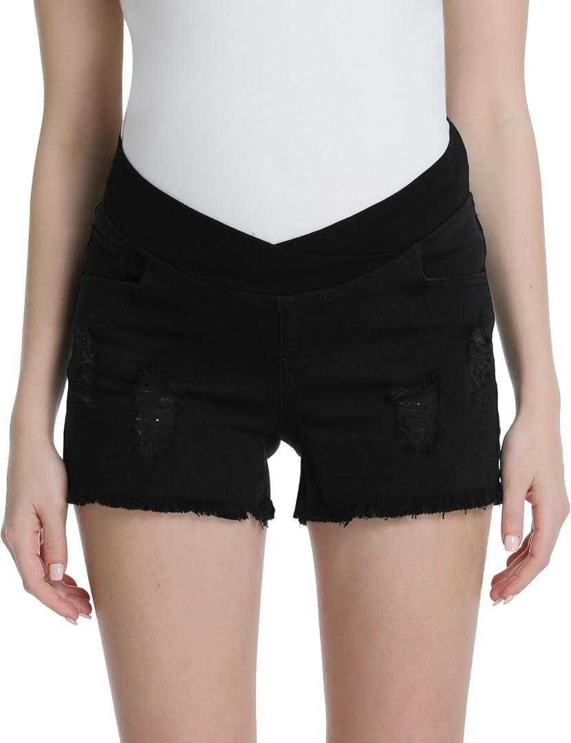 Foucome Women's Maternity Ripped Jean Shorts Summer Distressed Denim Shorts (XX-Large, B01# Black)