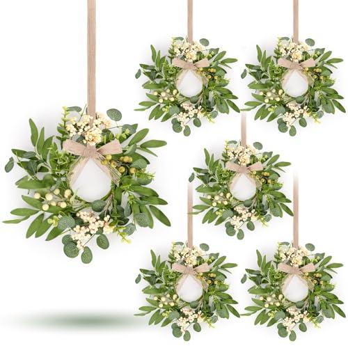 6 Pcs Green Eucalyptus Swag Wreaths for Pillars Spring Summer Kitchen Cabinet Wreaths Mini Green Berry Leaves Wreath with Ribbon for Front Door Porch Wall Window Farmhouse Decoration