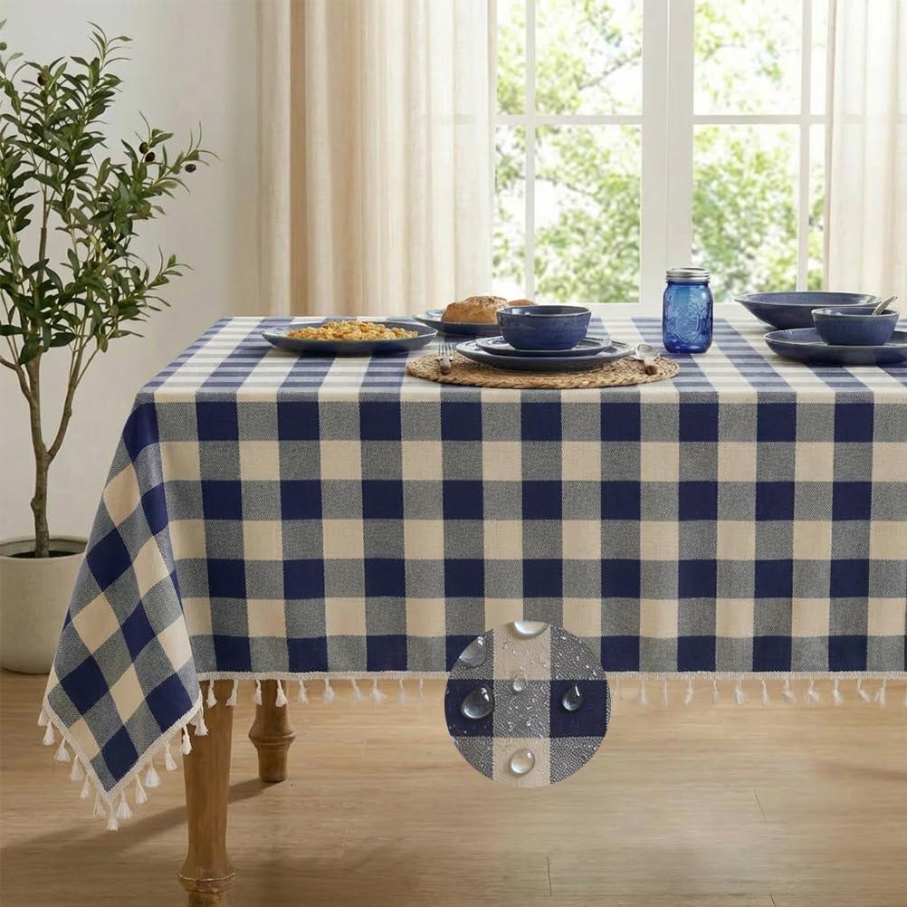 Deep Dream Water-resistant Checkered Tablecloth Rectangle, Cotton Linen Gingham Table Cloth with Tassel, Wrinkle Free Buffalo Plaid Table Cover for Picnic Kitchen Dining Room - 55 x 55 Inch, Navy Blue