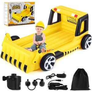 Yellow Excavator Inflatable Kids Bed, Toddler Travel Bed with Safety Bumper and Air Mattress Portable Air Mattress with Pump for Kids Vacation Hotel Home Sleepover Birthday Gift