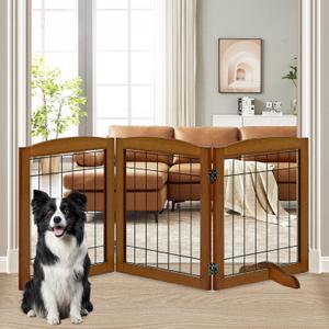LZRS 3-Panel Freestanding Adjustable Wooden Dog Gate30" Tall Foldable Pet Barrier with Support Feet, Chew-Resistant Solid Hardwood & Steel Wire Safety Fence for Doorways, Hallways, and Stairs, Cherry