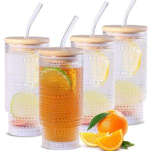 16 oz Glass Cups with Lids and Straws, Clear Iced Coffee Cups with Lids, Hobnail Drinking Tumbler Set for Matcha Latte Juice (4 Pack)