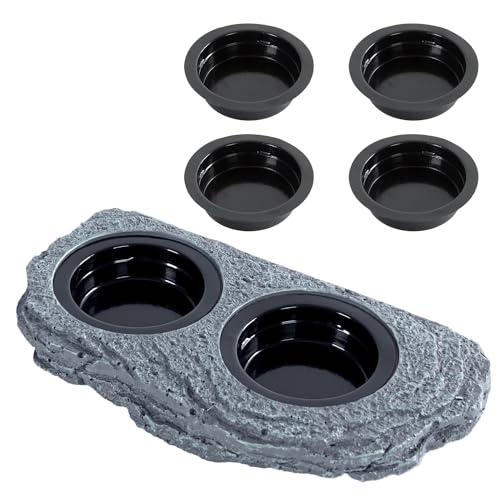 Wacool Magnetic Gecko Ledge - Double Bowl Reptile Feeding Tray with 6 Feeding Cups for Geckos, Lizards, Chameleons and Reptile Pets