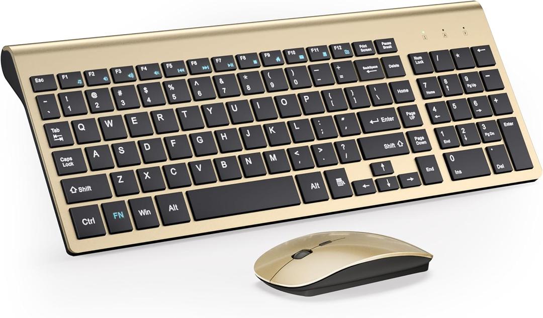 Wireless Keyboard and Mouse Ultra Slim Combo, TopMate 2.4G Silent Compact USB 2400DPI Mouse and Scissor Switch Keyboard Set with Cover, Batteries Included, for PC/Laptop/Windows/Mac - Gold Black