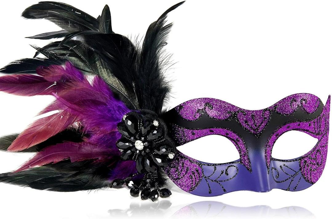2025 New Masquerade Masks for Women Purple - Mardi Gras Mask for Women with Feathers - Womens Mascarade Venetian Mask for Masquerade Party, Halloween Ball, Cosplay Prom, Christmas (Purple and Black)