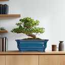 Bonsai Tree Pot - 13.7 Inch Large Ceramic Succulent Planter for Indoor Outdoor, Rectangle Plant Pot with Drainage Hole, Decorative Flower Pots, Home Decor, Gifts for Plant Lovers, Retro Blue