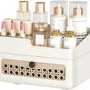 Delamu Makeup Organizer Countertop with Rattan-Style Drawer, Large Capacity Desk Organizer for Makeup, Skincare, Perfume, Multifunctional Bathroom and Vanity Organizer, Ideal for Christmas Gifts