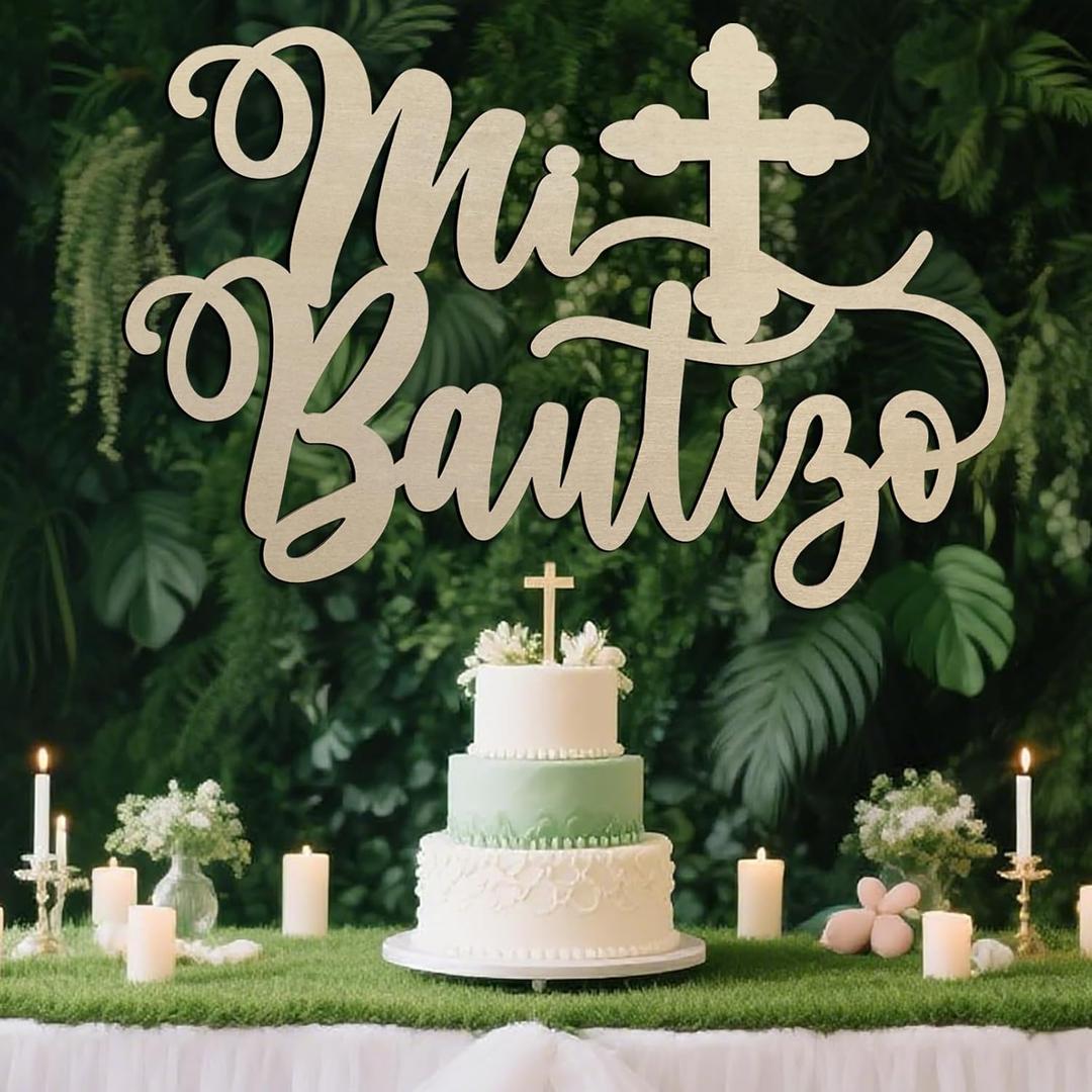 Mi Bautizo Wood Sign  Baptisms and Religious Celebrations Baby Shower Supplies, Wooden Mi Bautizo Hanging Decor for First Communion Party Backdrop (Mi Bautizo Wooden Backdrop)