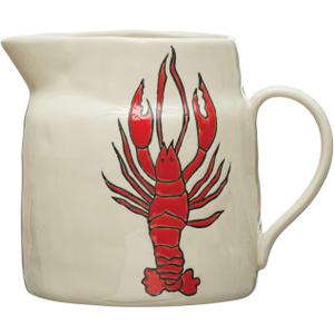 Creative Co-Op Coastal Stoneware Pitcher with Wax Relief Lobster Illustration, Multicolor