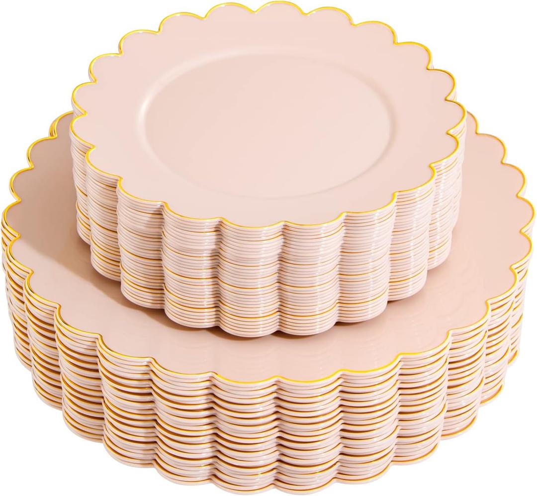 LIYH 60 Pcs Pink Plastic Plates with Gold Pink Plates Disposable Plate Includes 30 Dinner 10.25" and 30 Dessert Plate 7.5" for Baby Shower,Weddings,Parties,Birthday,Mothers Day