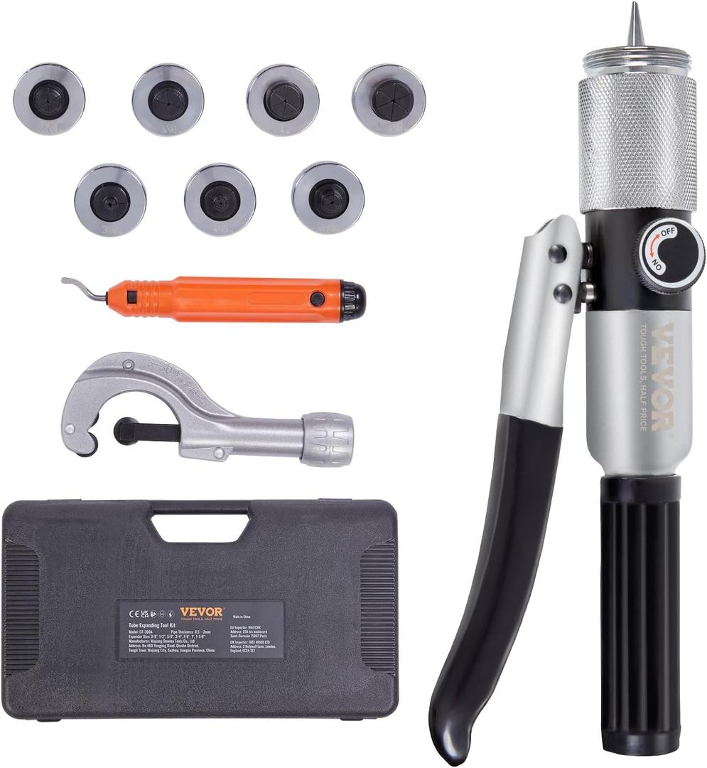 VEVOR Hydraulic Tube Expander, 3/8" to 1-1/8" OD, HAVC Hydraulic Swaging Tool with 7 Pipe Expander Heads, Deburring Tool, Pipe Cutter for Copper Aluminum Brass Soft Steel Pipes