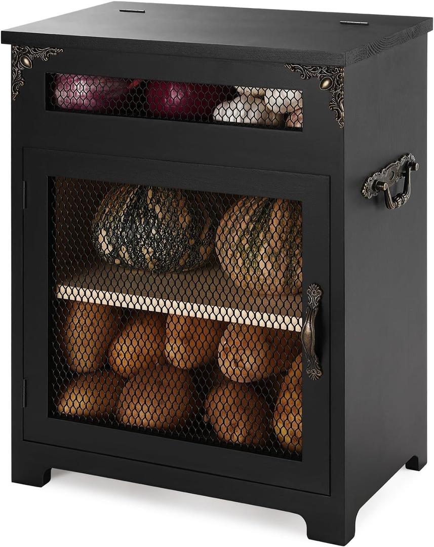 Mini Potato and Onion Storage Bin - Wooden Storage Box for Kitchen Countertops, Vegetable Storage Bins, 12.2" W x 6.5" D x 16" H (Black)